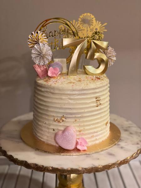 75th mini birthday cake in gold and pink 