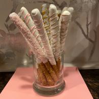 White & Rose Gold Chocolate Covered Pretzel Rods 