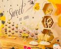 Sweet as can Bee photo booth backdrop and black and gold dessert table for the Mommy to Bee baby shower. 