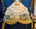 Dessert table for a baby boy, royal blue and gold, Little Prince themed baby shower. Little Prince photo backdrop, photo props, gold and royal blue table scape. 