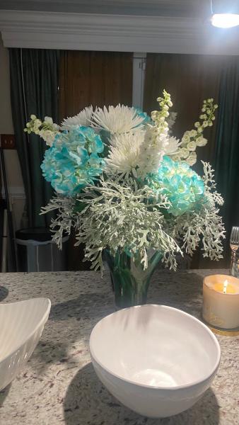 Tiffany Blue and white floral arrangement  
